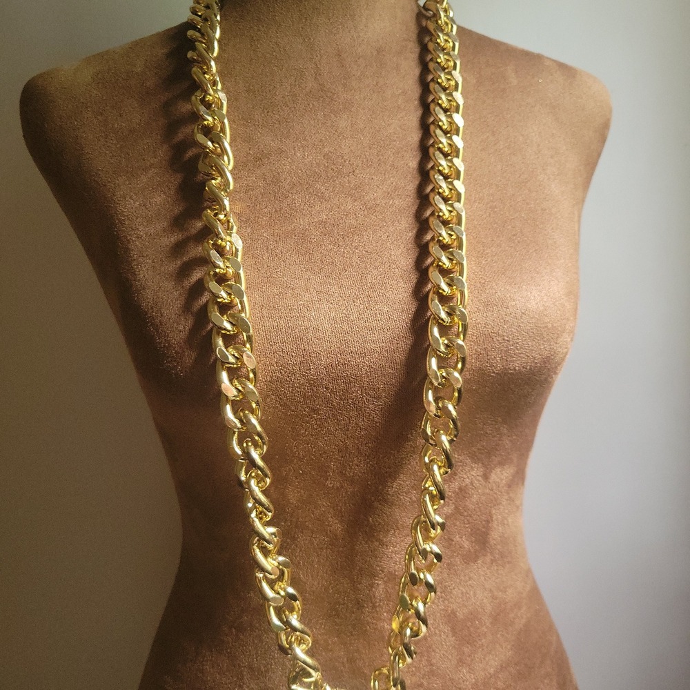 Gold Chunky Curb Link Statement‎ Necklace 40" Long Hip Hop Streetwear Mob Wife